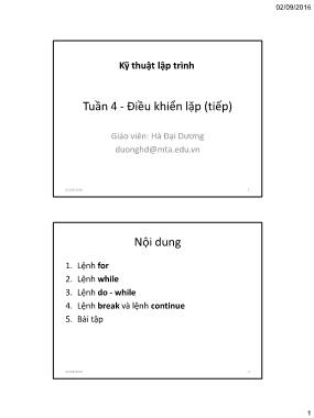 Bài giảng Kỹ thuật lập trình - Tuần 4: Điều khiển lặp (Tiếp)