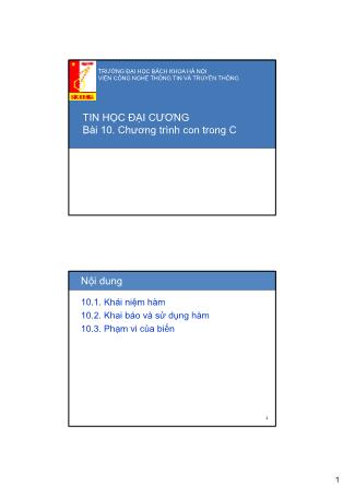 Bài giảng Tin học đại cương - Bài 10. Chương trình con trong C