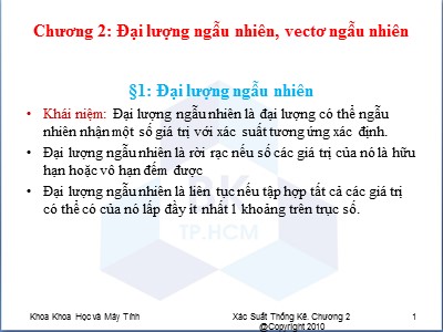 Bài giảng Xác suất thống kê - Chương 2: Đại lượng ngẫu, vectơ ngẫu nhiên