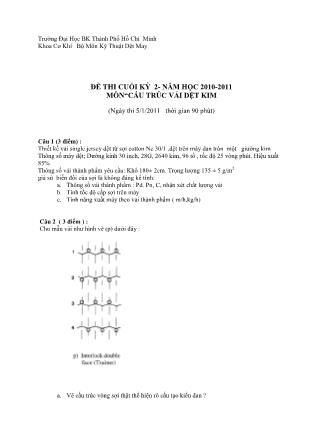 Đề thi cuối học kỳ 2 môn Cấu trúc vải dệt kim - Năm học 2010-2011 (Có đáp án)