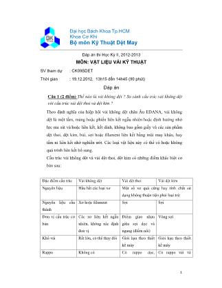 Đề thi học kỳ II môn Vật liệu vải kỹ thuật - Năm học 2012-2013 (Có đáp án)