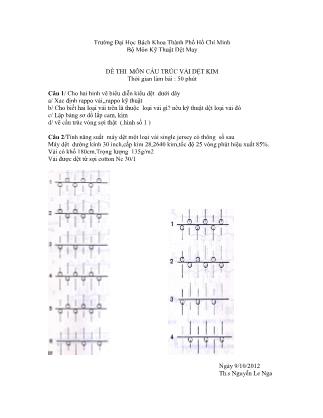 Đề thi môn Cấu trúc vải dệt kim -  Năm 2012 - Trường Đại Học Bách Khoa TP. Hồ Chí Minh (Có đáp án)