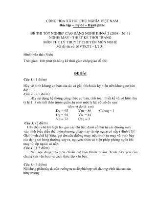 Đề thi tốt nghiệp cao đẳng nghề khóa 2(2008-2011) môn Lý thuyết chuyên môn nghề May-Thiết kế thời trang - Mã đề: LT31