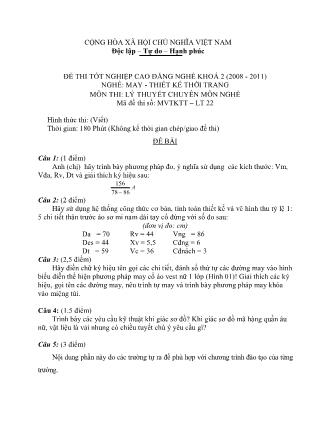 Đề thi tốt nghiệp cao đẳng nghề khóa 2(2008-2011) môn Lý thuyết chuyên môn nghề May-Thiết kế thời trang - Mã đề: LT22
