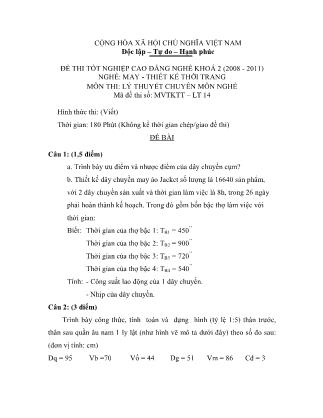 Đề thi tốt nghiệp cao đẳng nghề khóa 2(2008-2011) môn Lý thuyết chuyên môn nghề May-Thiết kế thời trang - Mã đề: LT14