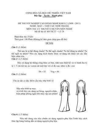 Đề thi tốt nghiệp cao đẳng nghề khóa 2(2008-2011) môn Lý thuyết chuyên môn nghề May-Thiết kế thời trang - Mã đề: LT28