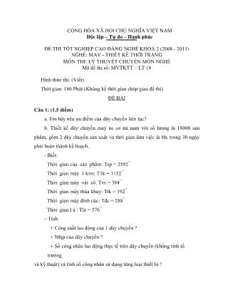 Đề thi tốt nghiệp cao đẳng nghề khóa 2(2008-2011) môn Lý thuyết chuyên môn nghề May-Thiết kế thời trang - Mã đề: LT18