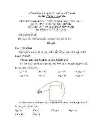 Đề thi tốt nghiệp cao đẳng nghề khóa 2(2008-2011) môn Lý thuyết chuyên môn nghề May-Thiết kế thời trang - Mã đề: LT02