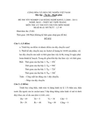 Đề thi tốt nghiệp cao đẳng nghề khóa 2(2008-2011) môn Lý thuyết chuyên môn nghề May-Thiết kế thời trang - Mã đề: LT49