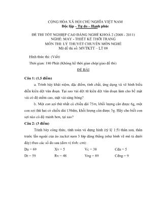 Đề thi tốt nghiệp cao đẳng nghề khóa 2(2008-2011) môn Lý thuyết chuyên môn nghề May-Thiết kế thời trang - Mã đề: LT08