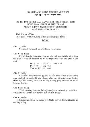 Đề thi tốt nghiệp cao đẳng nghề khóa 2(2008-2011) môn Lý thuyết chuyên môn nghề May-Thiết kế thời trang - Mã đề: LT29