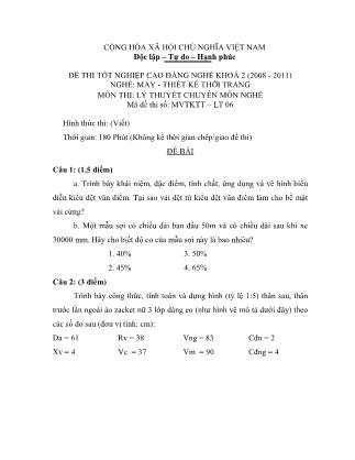 Đề thi tốt nghiệp cao đẳng nghề khóa 2(2008-2011) môn Lý thuyết chuyên môn nghề May-Thiết kế thời trang - Mã đề: LT06