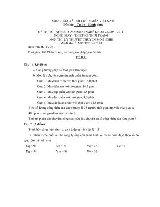 Đề thi tốt nghiệp cao đẳng nghề khóa 2(2008-2011) môn Lý thuyết chuyên môn nghề May-Thiết kế thời trang - Mã đề: LT03