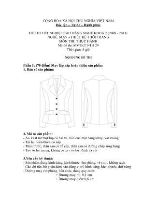 Đề thi tốt nghiệp cao đẳng nghề khóa 2(2008-2011) môn Thực hành nghề May-Thiết kế thời trang - Mã đề: TH 29
