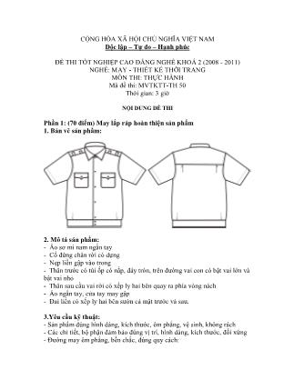 Đề thi tốt nghiệp cao đẳng nghề khóa 2(2008-2011) môn Thực hành nghề May-Thiết kế thời trang - Mã đề: TH 50