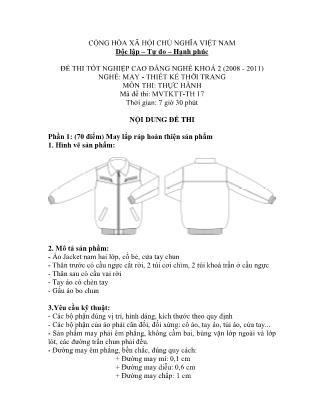 Đề thi tốt nghiệp cao đẳng nghề khóa 2(2008-2011) môn Thực hành nghề May-Thiết kế thời trang - Mã đề: TH 17