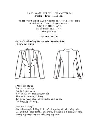 Đề thi tốt nghiệp cao đẳng nghề khóa 2(2008-2011) môn Thực hành nghề May-Thiết kế thời trang - Mã đề: TH 39