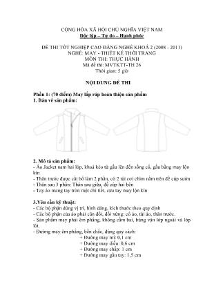 Đề thi tốt nghiệp cao đẳng nghề khóa 2(2008-2011) môn Thực hành nghề May-Thiết kế thời trang - Mã đề: TH 26