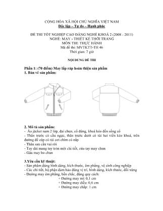 Đề thi tốt nghiệp cao đẳng nghề khóa 2(2008-2011) môn Thực hành nghề May-Thiết kế thời trang - Mã đề: TH 46