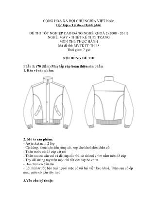 Đề thi tốt nghiệp cao đẳng nghề khóa 2(2008-2011) môn Thực hành nghề May-Thiết kế thời trang - Mã đề: TH 48