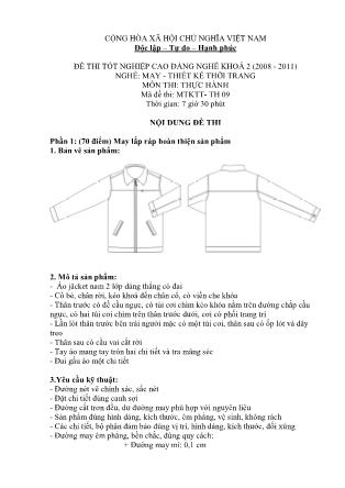 Đề thi tốt nghiệp cao đẳng nghề khóa 2(2008-2011) môn Thực hành nghề May-Thiết kế thời trang - Mã đề: TH 09