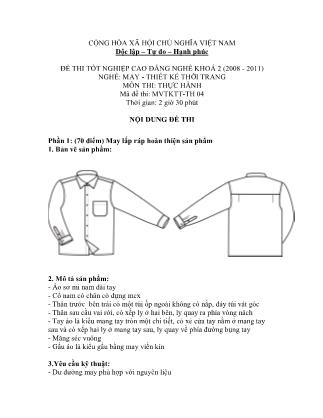 Đề thi tốt nghiệp cao đẳng nghề khóa 2(2008-2011) môn Thực hành nghề May-Thiết kế thời trang - Mã đề: TH 04