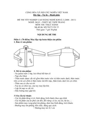 Đề thi tốt nghiệp cao đẳng nghề khóa 2(2008-2011) môn Thực hành nghề May-Thiết kế thời trang - Mã đề: TH 33