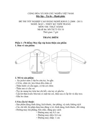 Đề thi tốt nghiệp cao đẳng nghề khóa 2(2008-2011) môn Thực hành nghề May-Thiết kế thời trang - Mã đề: TH 10