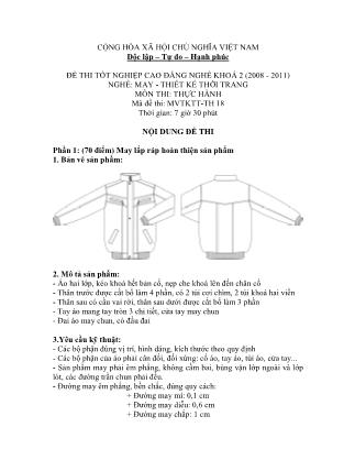 Đề thi tốt nghiệp cao đẳng nghề khóa 2(2008-2011) môn Thực hành nghề May-Thiết kế thời trang - Mã đề: TH 18