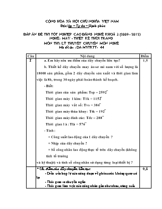 Đề thi tốt nghiệp cao đẳng nghề khóa 3(2009-2012) môn Lý thuyết chuyên môn nghề May-Thiết kế thời trang - Mã đề: 44 (Có đáp án)