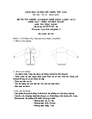 Đề thi tốt nghiệp cao đẳng nghề khóa 3(2009-2012) môn Thực hành nghề May-Thiết kế thời trang - Mã đề: TH 46