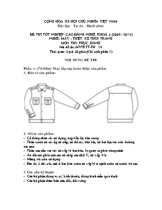 Đề thi tốt nghiệp cao đẳng nghề khóa 3(2009-2012) môn Thực hành nghề May-Thiết kế thời trang - Mã đề: TH 19