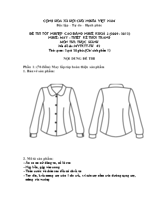Đề thi tốt nghiệp cao đẳng nghề khóa 3(2009-2012) môn Thực hành nghề May-Thiết kế thời trang - Mã đề: TH 42