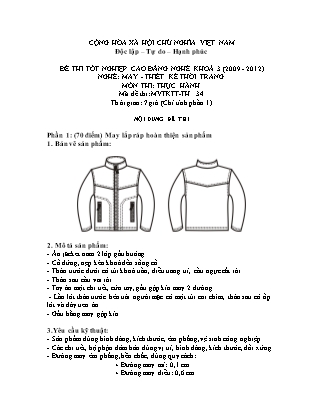 Đề thi tốt nghiệp cao đẳng nghề khóa 3(2009-2012) môn Thực hành nghề May-Thiết kế thời trang - Mã đề: TH 34