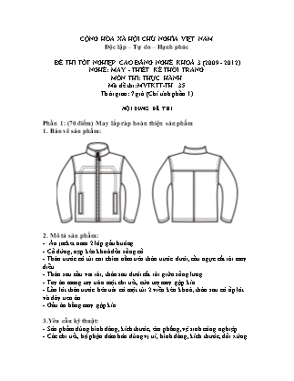 Đề thi tốt nghiệp cao đẳng nghề khóa 3(2009-2012) môn Thực hành nghề May-Thiết kế thời trang - Mã đề: TH 35