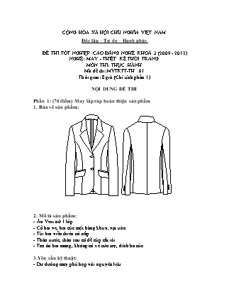 Đề thi tốt nghiệp cao đẳng nghề khóa 3(2009-2012) môn Thực hành nghề May-Thiết kế thời trang - Mã đề: TH 01