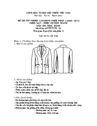 Đề thi tốt nghiệp cao đẳng nghề khóa 3(2009-2012) môn Thực hành nghề May-Thiết kế thời trang - Mã đề: TH 02
