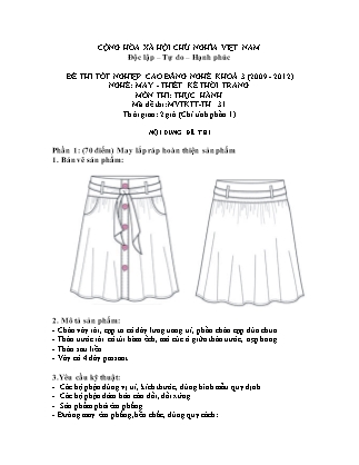 Đề thi tốt nghiệp cao đẳng nghề khóa 3(2009-2012) môn Thực hành nghề May-Thiết kế thời trang - Mã đề: TH 31