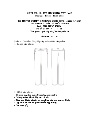 Đề thi tốt nghiệp cao đẳng nghề khóa 3(2009-2012) môn Thực hành nghề May-Thiết kế thời trang - Mã đề: TH 30