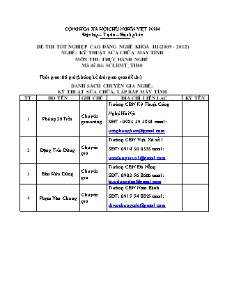 Đề thi tốt nghiệp Cao đẳng nghề khoá III (2009-2012) - Nghề: Kỹ thuật sửa chữa máy tính - Mã đề: TH40