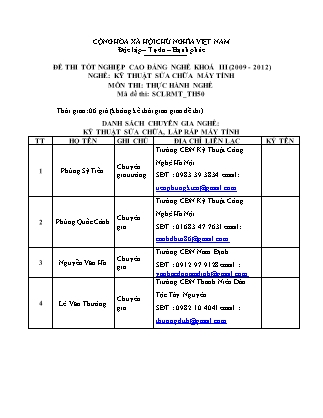 Đề thi tốt nghiệp Cao đẳng nghề khoá III (2009-2012) - Nghề: Kỹ thuật sửa chữa máy tính - Mã đề: TH50