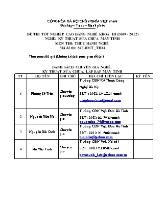 Đề thi tốt nghiệp Cao đẳng nghề khoá III (2009-2012) - Nghề: Kỹ thuật sửa chữa máy tính - Mã đề: TH24