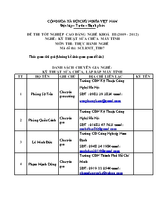 Đề thi tốt nghiệp Cao đẳng nghề khoá III (2009-2012) - Nghề: Kỹ thuật sửa chữa máy tính - Mã đề: TH07