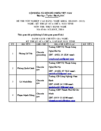 Đề thi tốt nghiệp Cao đẳng nghề khoá III (2009-2012) - Nghề: Kỹ thuật sửa chữa máy tính - Mã đề: TH14