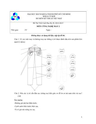 Đề thi viết cuối học kì II môn Công nghệ may 2 - Năm học 2012-2013 (Có đáp án)