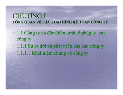 Bài giảng Kế toán công ty - Chương 1: Tổng quan về các loại hình kế toán công ty