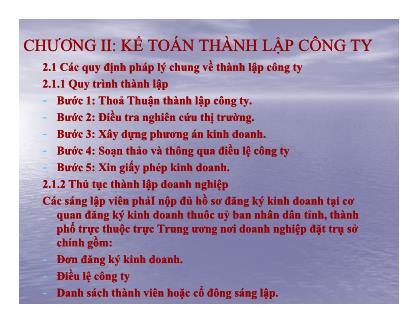 Bài giảng Kế toán công ty - Chương II: Kế toán thành lập công ty