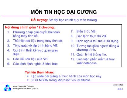 Bài giảng môn Tin học đại cương - Chương 1: Phương pháp giải quyết bài toán bằng máy tính số