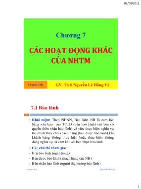 Bài giảng Nghiệp vụ ngân hàng thương mại - Chương 7: Các hoạt động khác của NHTM - Th.S Nguyễn Lê Hồng Vỹ