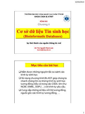 Bài giảng Tin sinh học - Chương 2: Cơ sở dữ liệu tin sinh học (Bioinformatic Databases) - ThS. Nguyễn Thành Luân